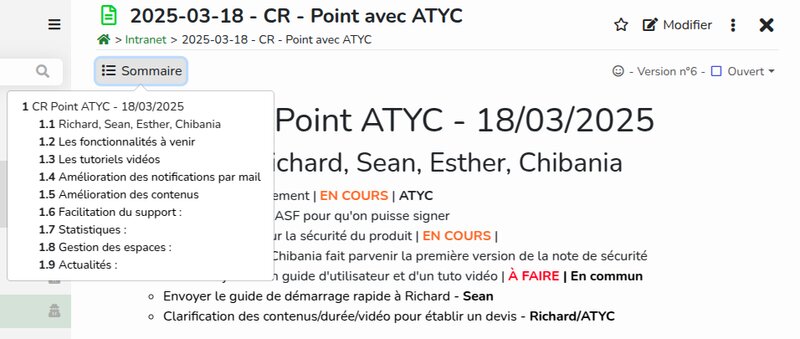 Example of clickable summary of a note